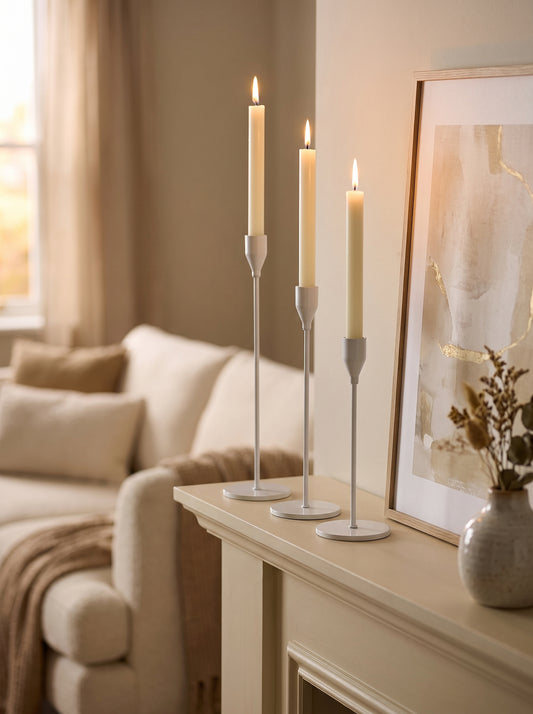 Lumara Candleholders Set of 3 White — Graduated Taper Holders styled in a warm Australian home — Lumara Home