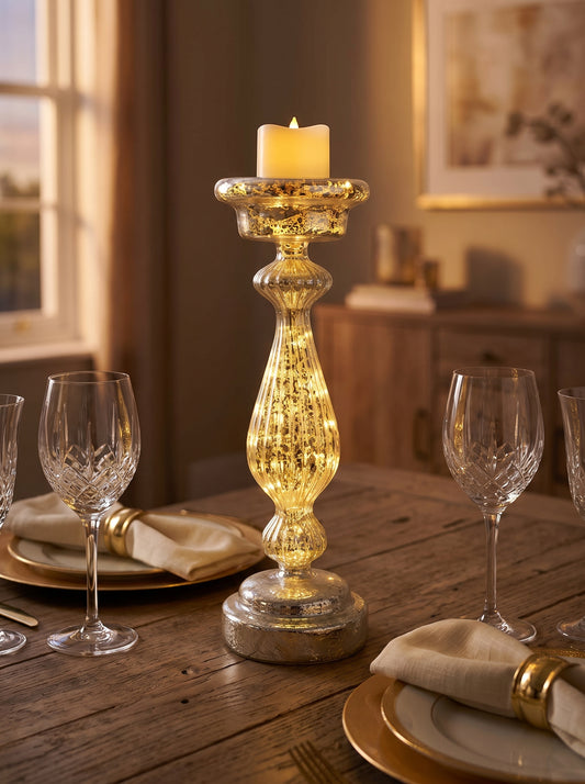 Lumara Champagne Glass LED Candle Holder styled in a warm Australian home — Lumara Home