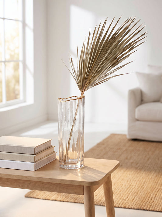 Lumara Cliffe Clear Glass Vase — Slender Minimal Taper styled in a warm Australian home — Lumara Home
