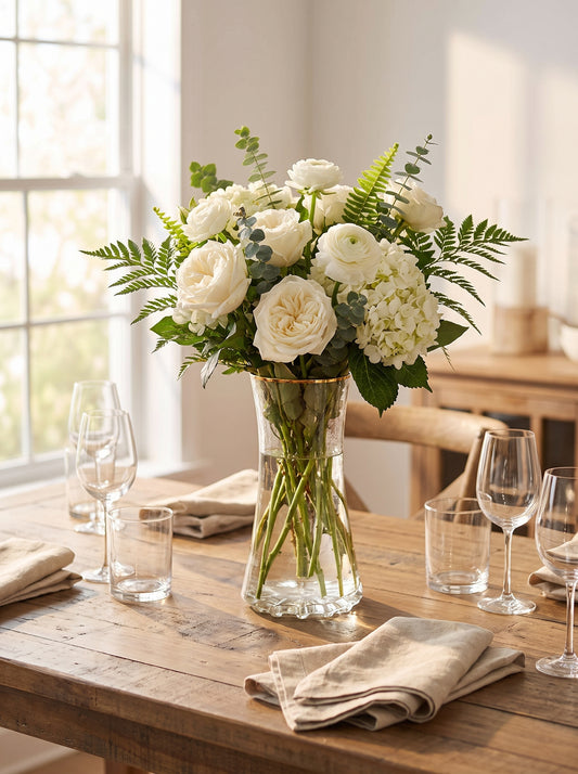 Lumara Curve Large Clear Glass Vase — Generous Statement styled in a warm Australian home — Lumara Home