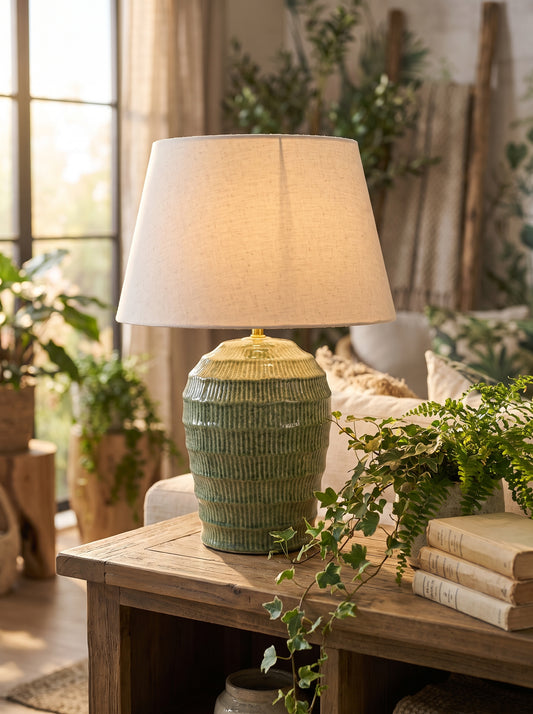 Lumara Gede Green Table Lamp — Sage Green Reactive Glaze styled in a warm Australian home — Lumara Home