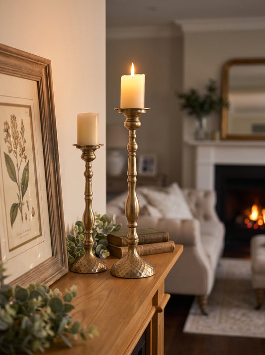 Lumara Geneva XL Candle Holder — Tall Antiqued Statement styled in a warm Australian home — Lumara Home