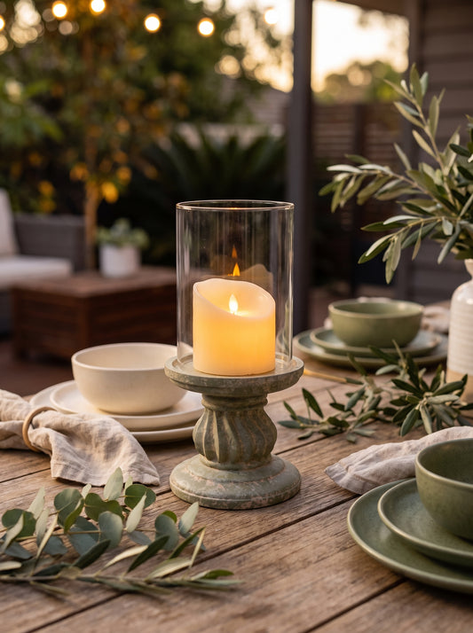 Lumara Hurricane Candle Holder Moss — Organic Green Ceramic styled in a warm Australian home — Lumara Home