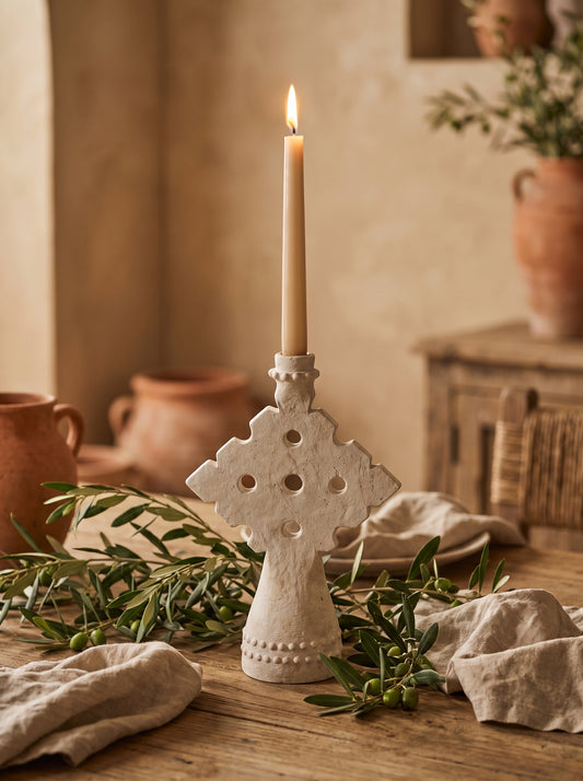 Lumara Mediterranean Large Candle Holder — Tall Ceramic Taper styled in a warm Australian home — Lumara Home