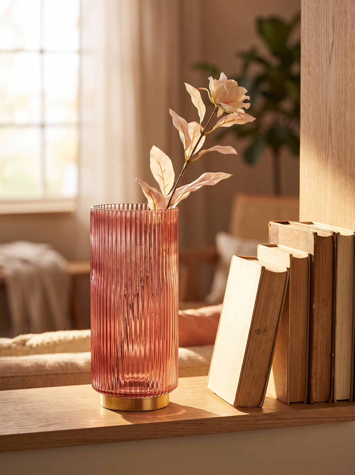 Lumara Ribbed Rhubarb Glass Vase — Warm Ribbed Glass styled in a warm Australian home — Lumara Home