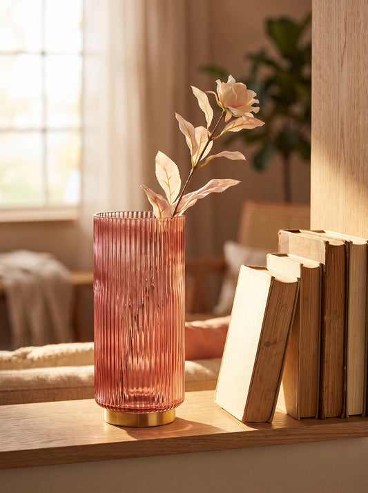 Lumara Ribbed Rhubarb Glass Vase — Warm Ribbed Glass styled in a warm Australian home — Lumara Home