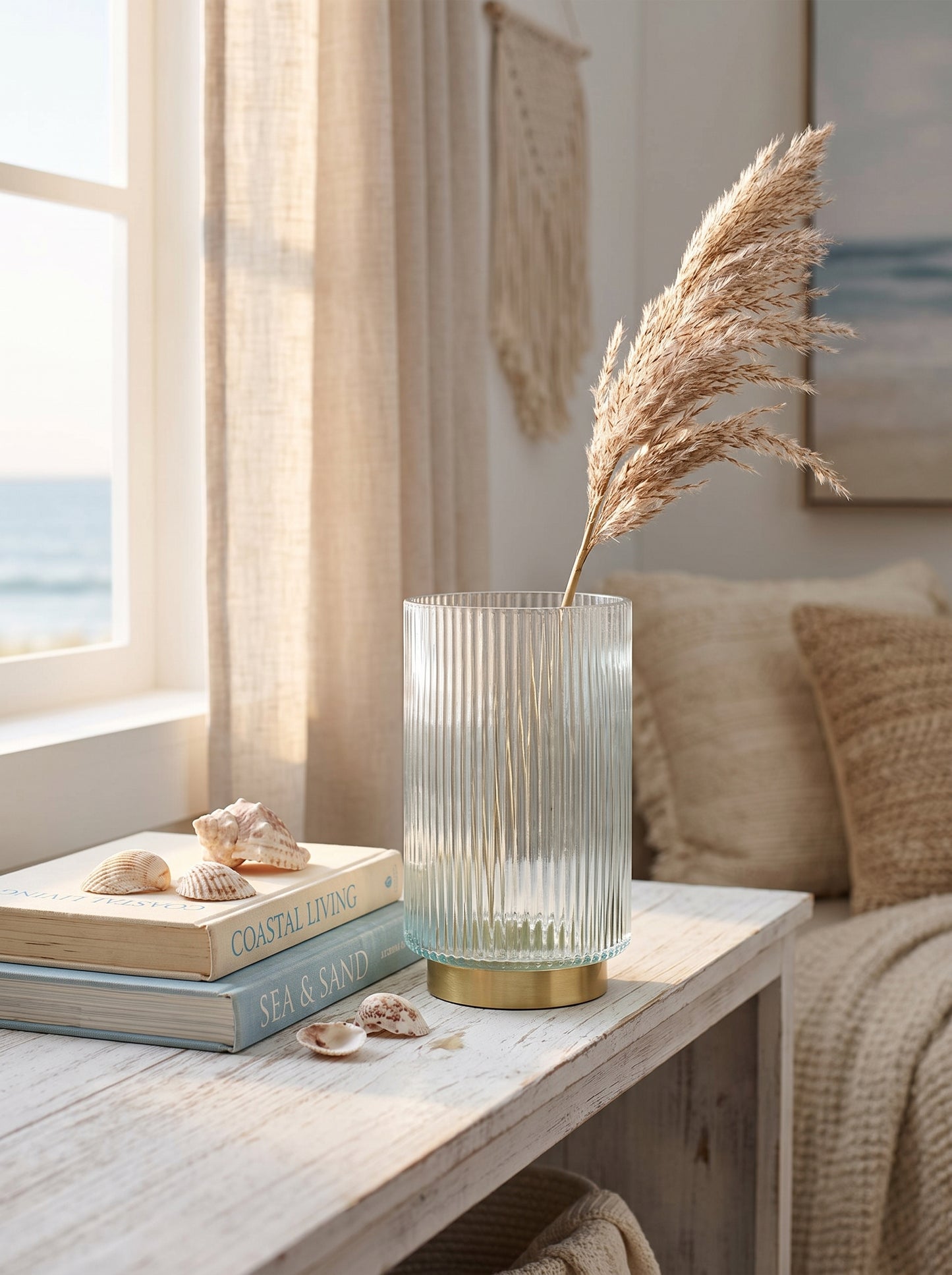 Lumara Ribbed Sea Salt Glass Vase — Soft Coastal Tone styled in a warm Australian home — Lumara Home