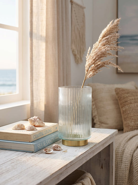 Lumara Ribbed Sea Salt Glass Vase — Soft Coastal Tone styled in a warm Australian home — Lumara Home