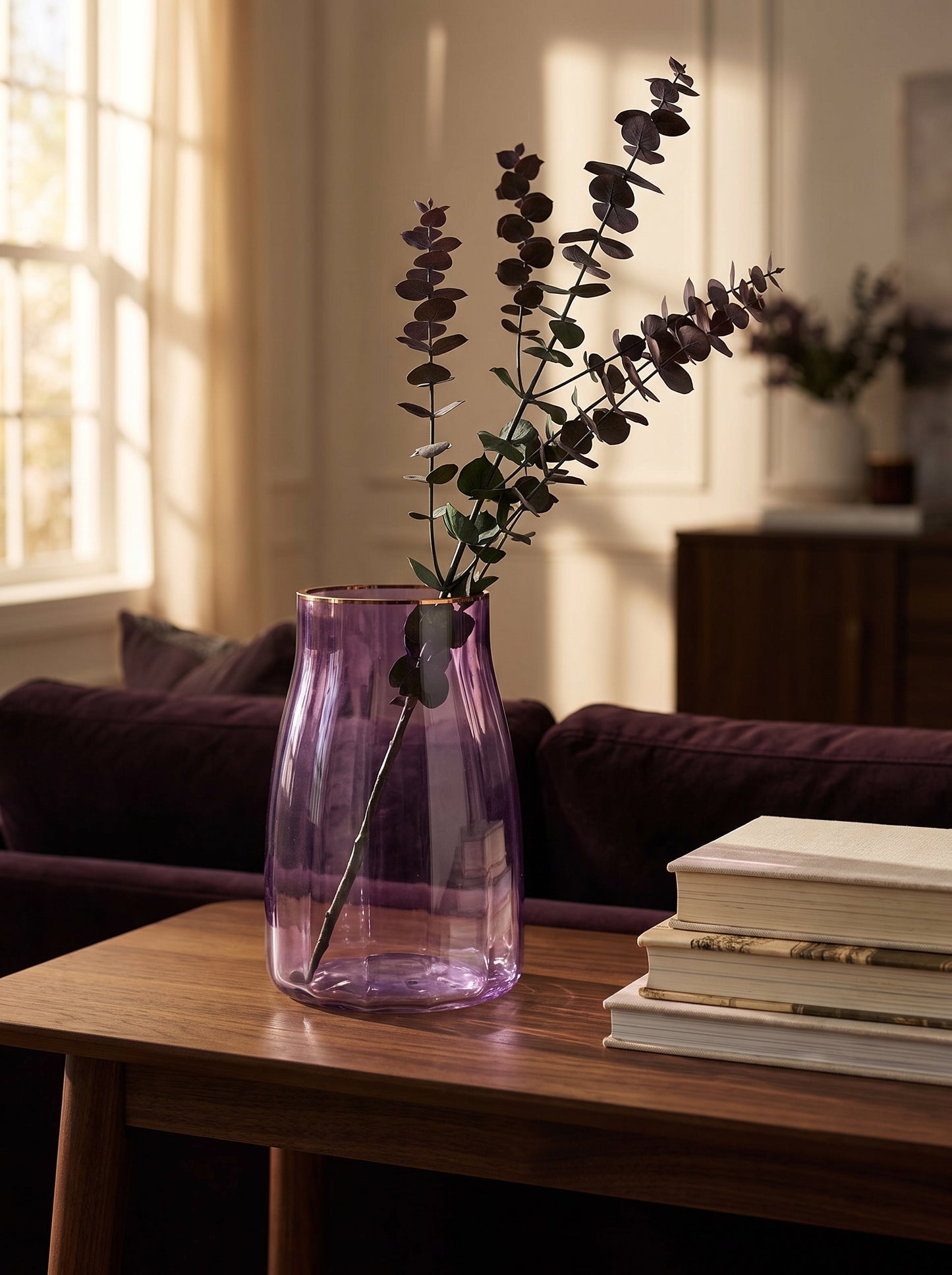 Lumara Taper Grape Glass Vase — Rich Ribbed Statement styled in a warm Australian home — Lumara Home