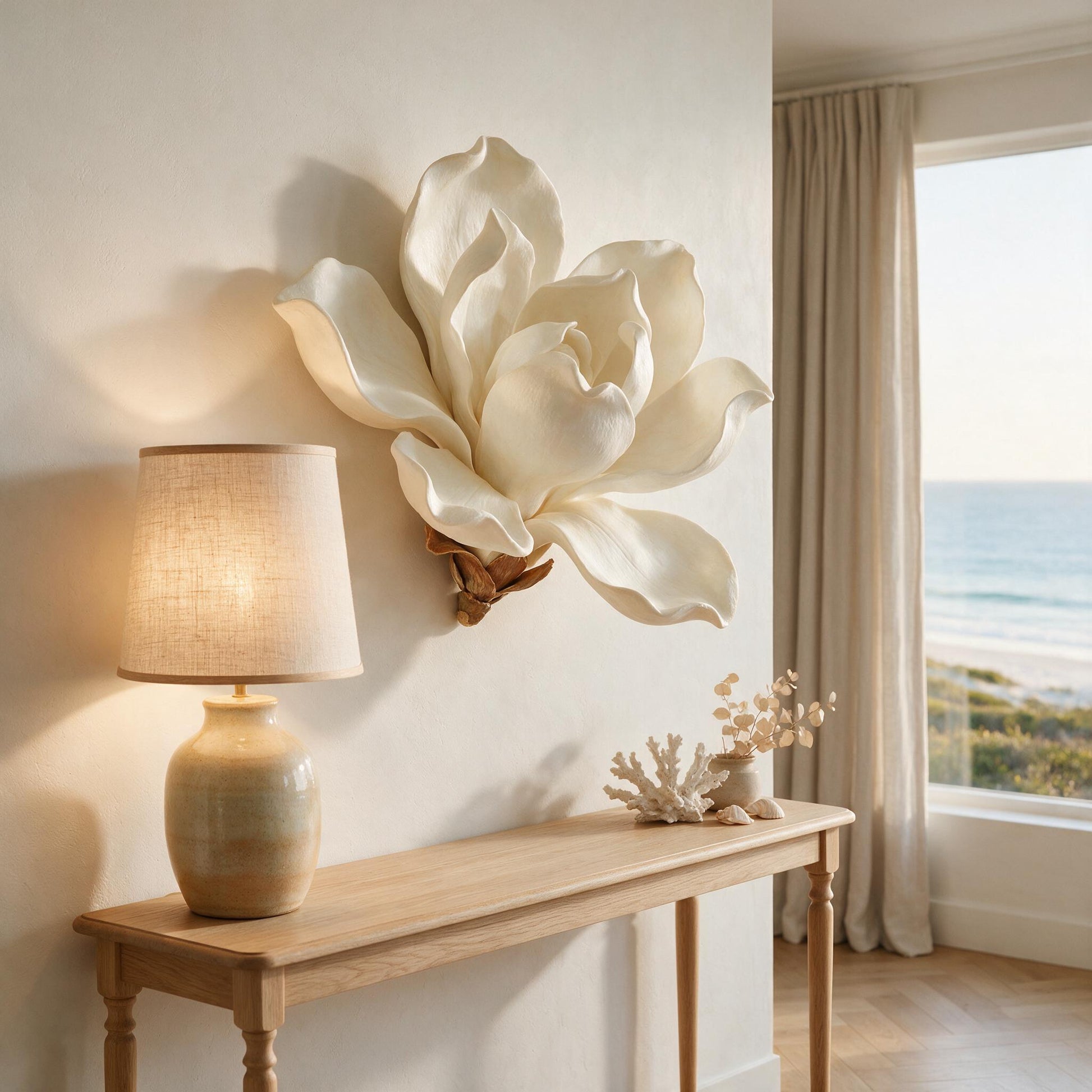 Magnolia XL sculpture hung above an oak console with a ceramic lamp casting light across the petals — Lumara Home