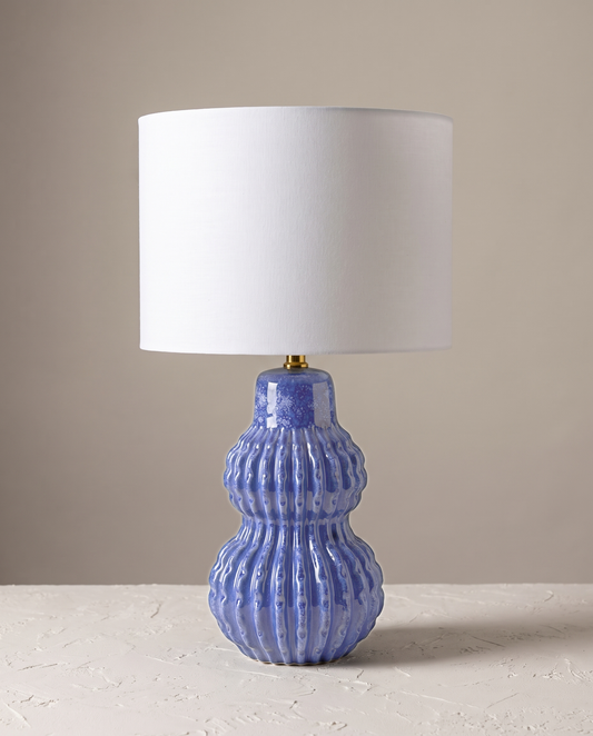 Malabar Table Lamp in ocean blue reactive glaze ceramic, styled studio hero — Lumara Home