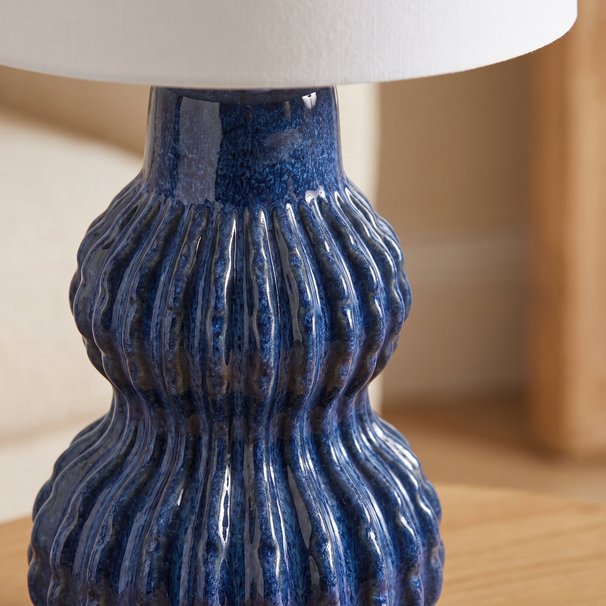 Close-up of Malabar Table Lamp ribbed blue reactive glaze — Lumara Home