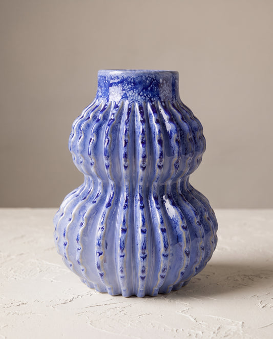 Malabar Vase in ribbed cobalt ceramic, styled studio hero — Lumara Home