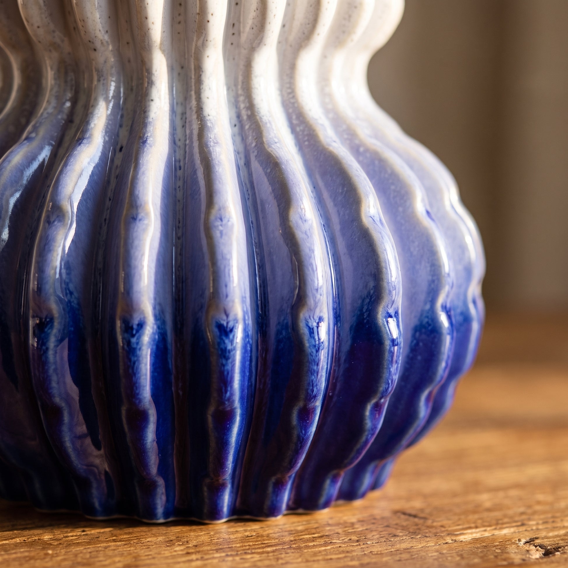 Close-up of Malabar Vase ribbed cobalt reactive glaze — Lumara Home