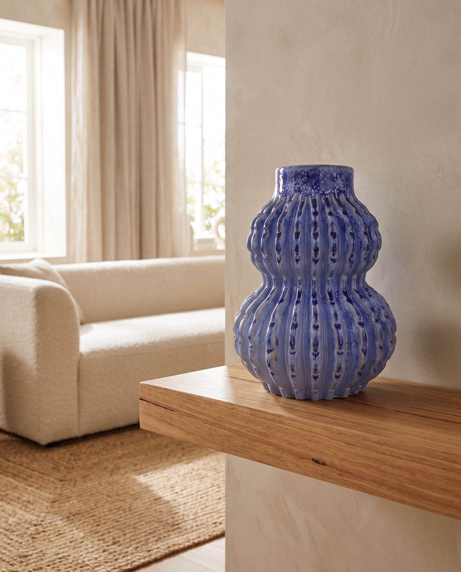 Malabar Vase on floating timber shelf showing scale — Lumara Home