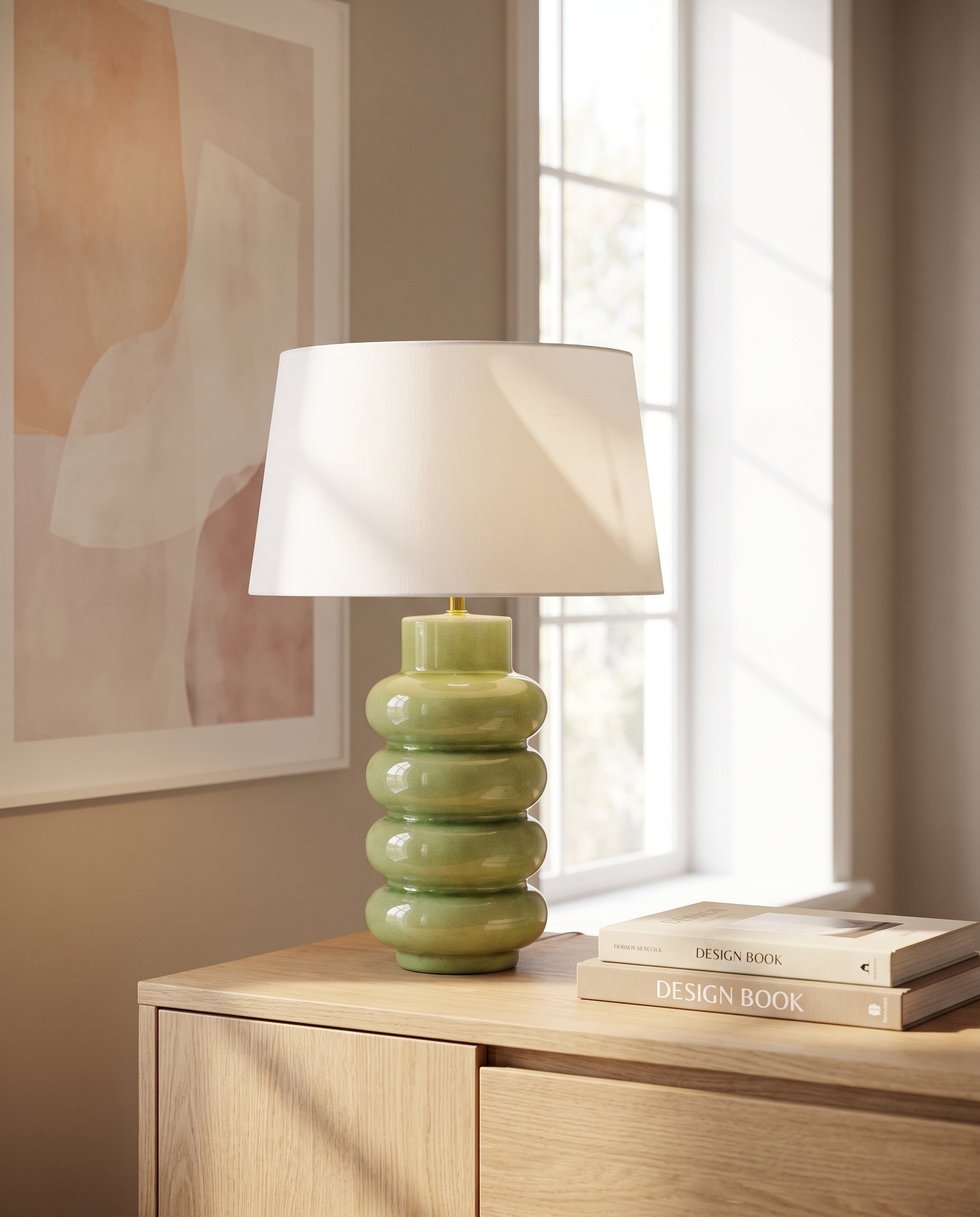 Lumara Pear Table Lamp styled on an oak sideboard in daylight — Lumara Home