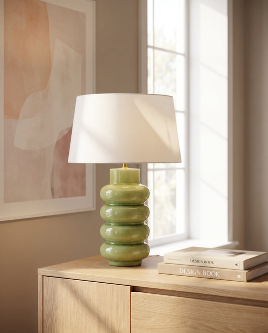 Lumara Pear Table Lamp styled on an oak sideboard in daylight — Lumara Home