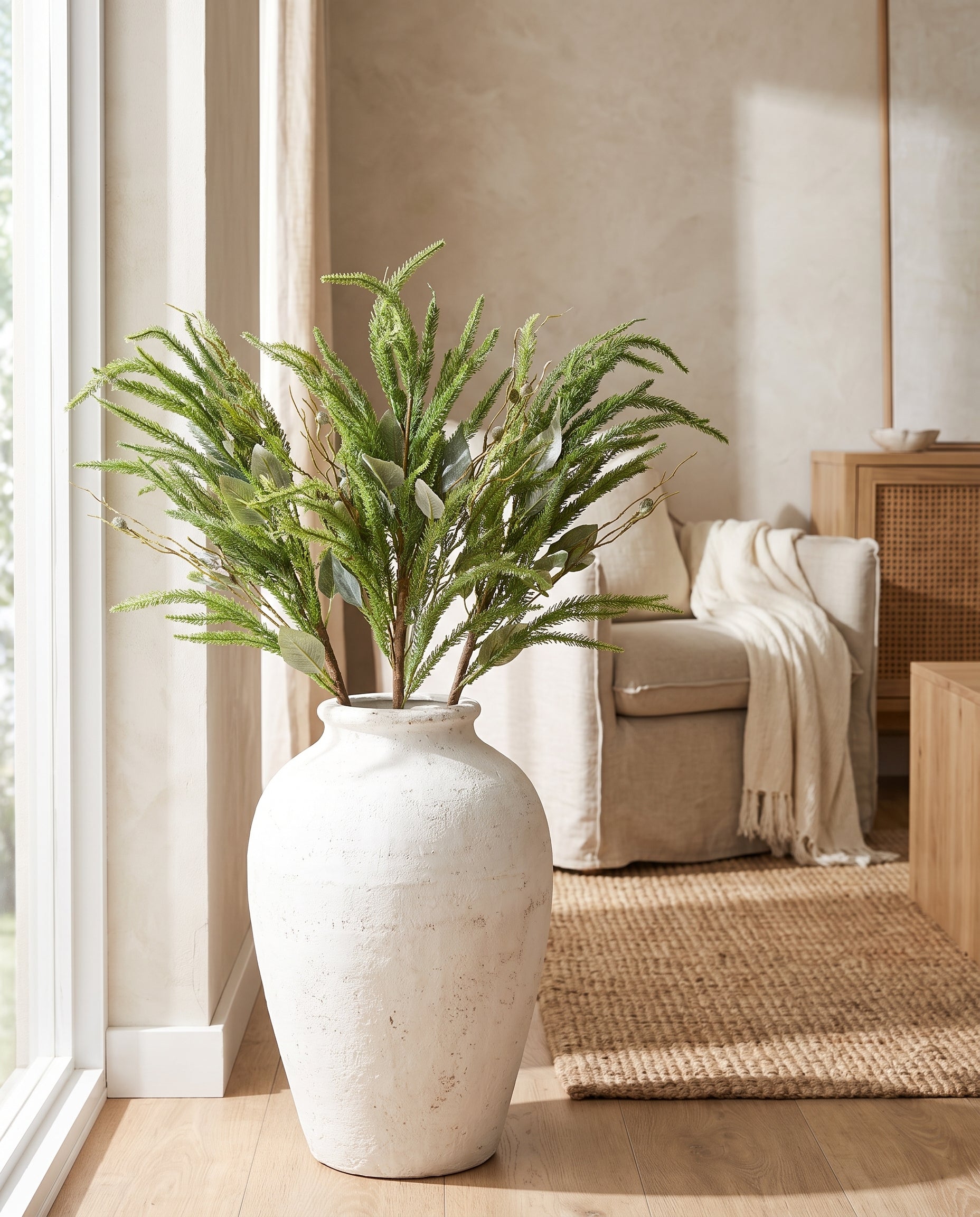 Pine and Eucalypt Stems in white statement vase — Lumara Home