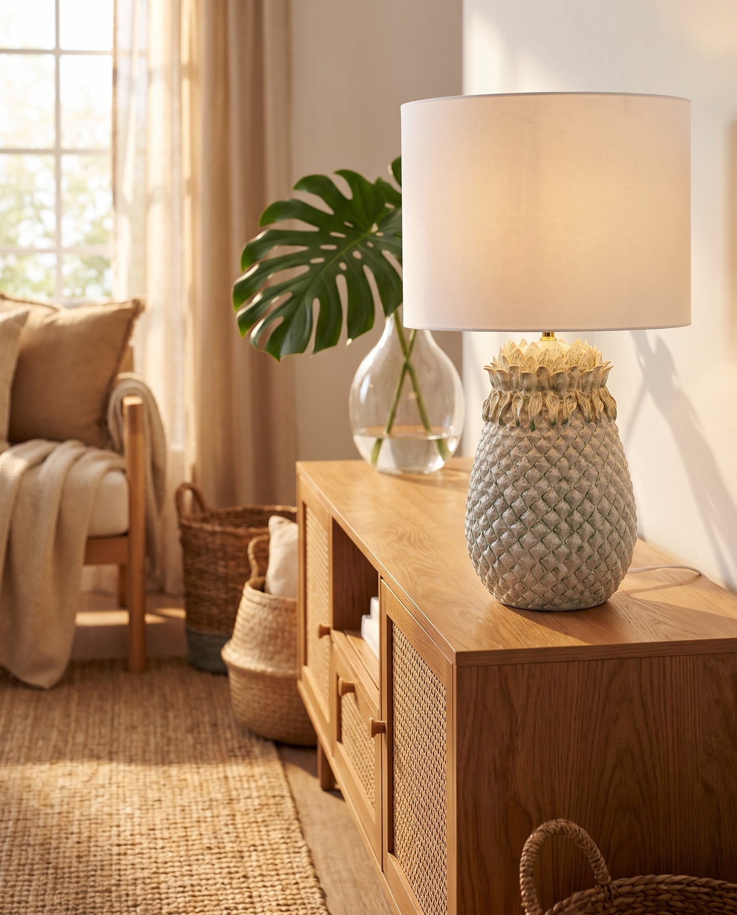 Weathered Pineapple Table Lamp in a tropical-classic living room — Lumara Home