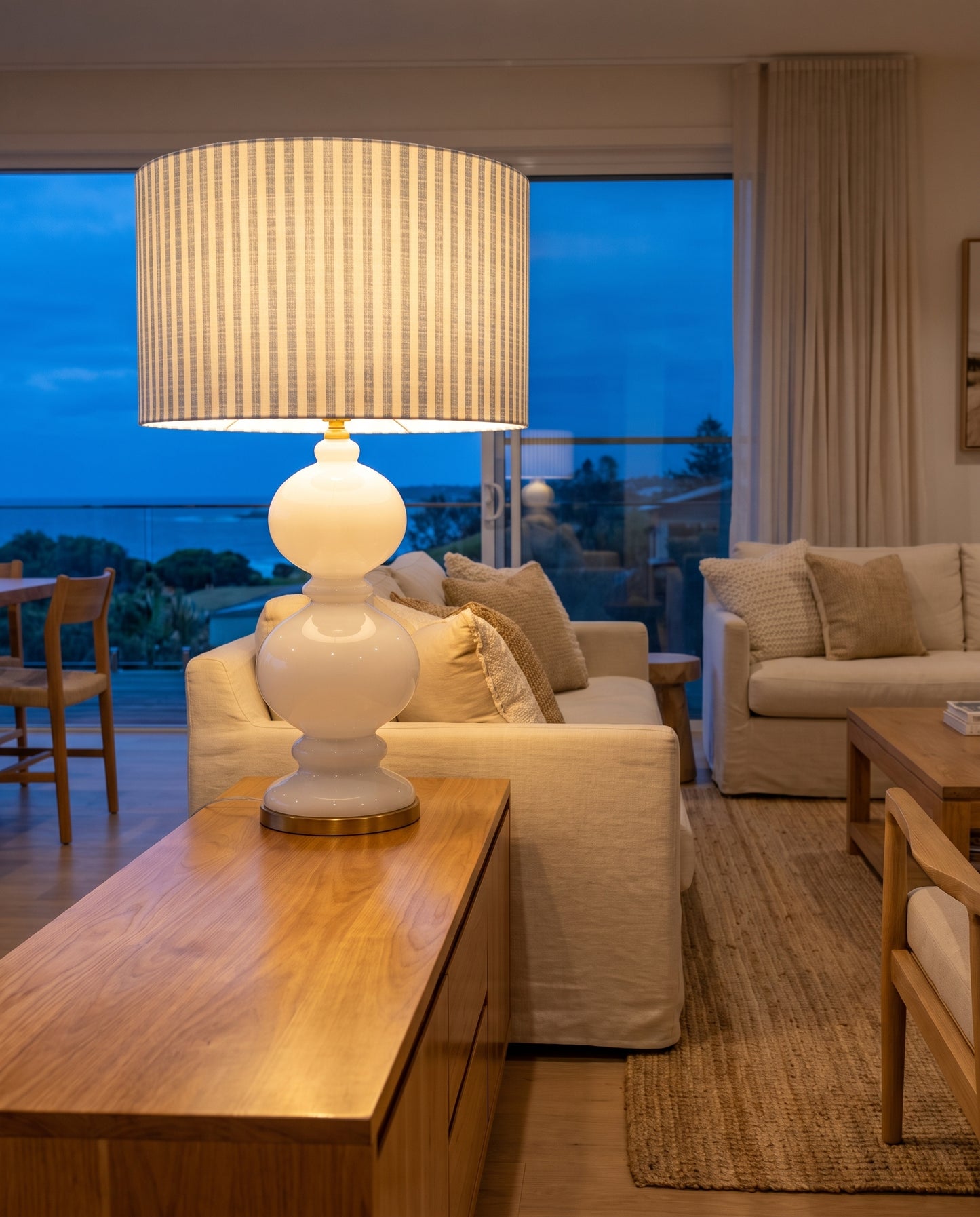 Lumara Riviera XL Table Lamp lit at dusk — Lumara Home