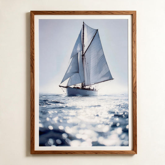 Lumara Solo Sailing framed print 70x100cm with natural timber frame and white mat, lone sailboat artwork, studio hero shot