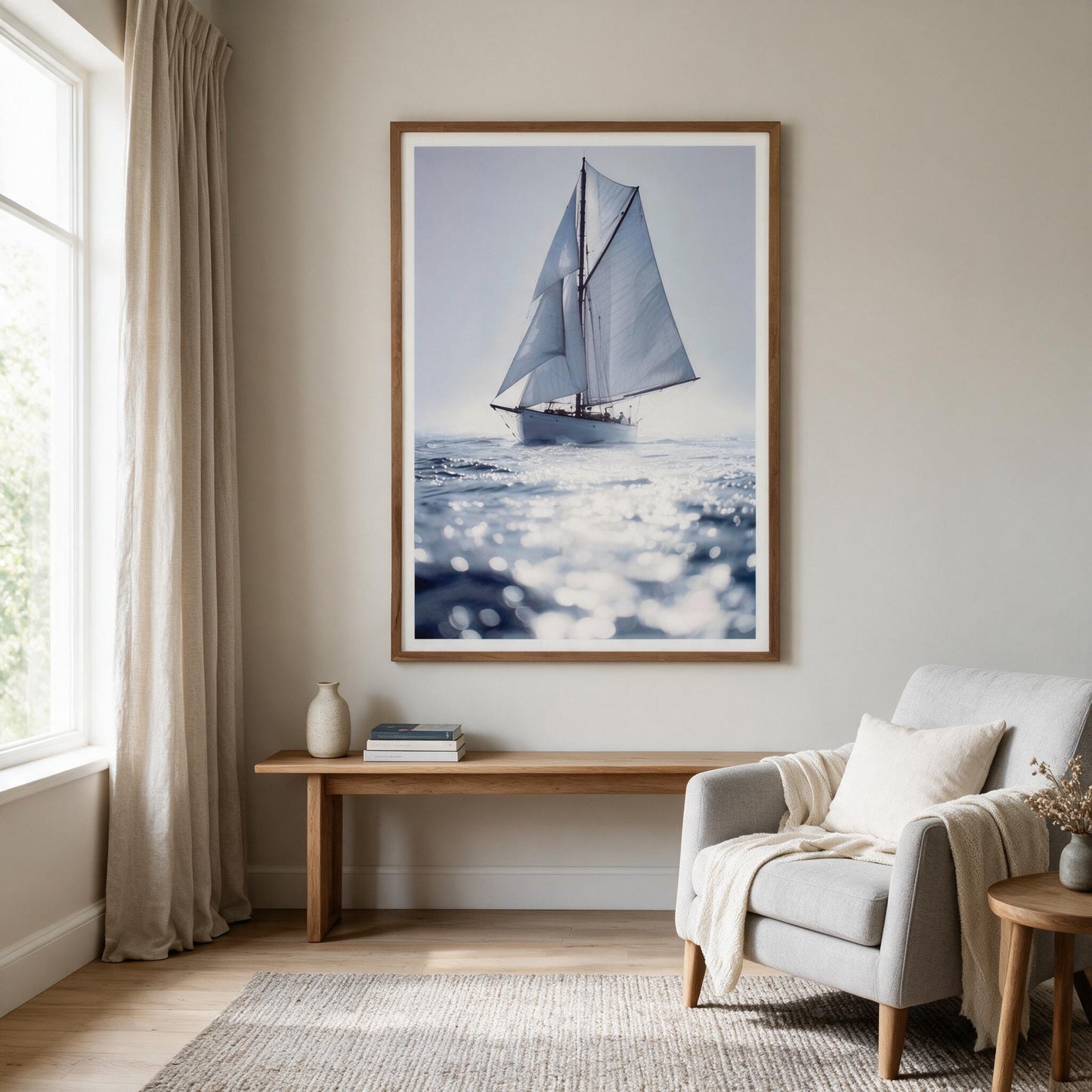 Lumara Solo Sailing framed print styled on a calm neutral wall above a timber console in a modern living room