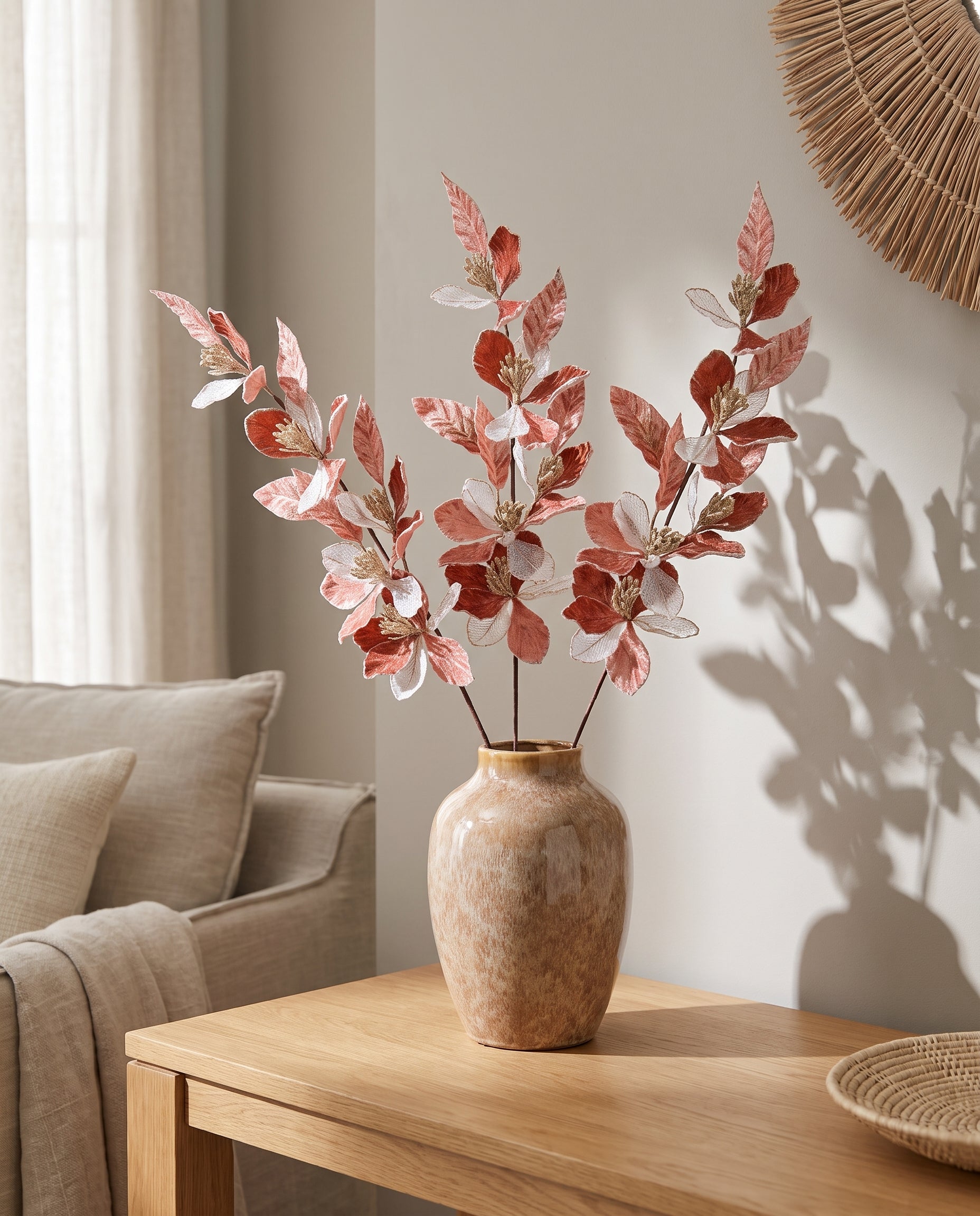 Velvet Leaf Stem dawn blush on oak console — Lumara Home