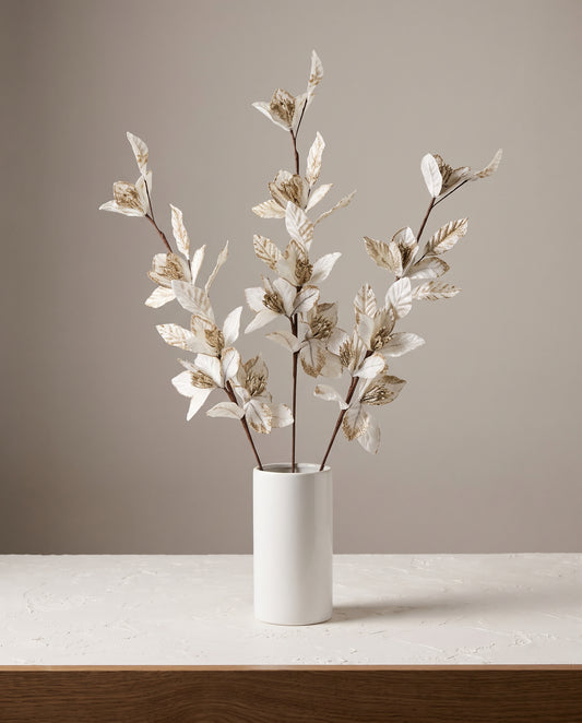 Velvet Leaf Stems in ivory styled in white ceramic vase — Lumara Home