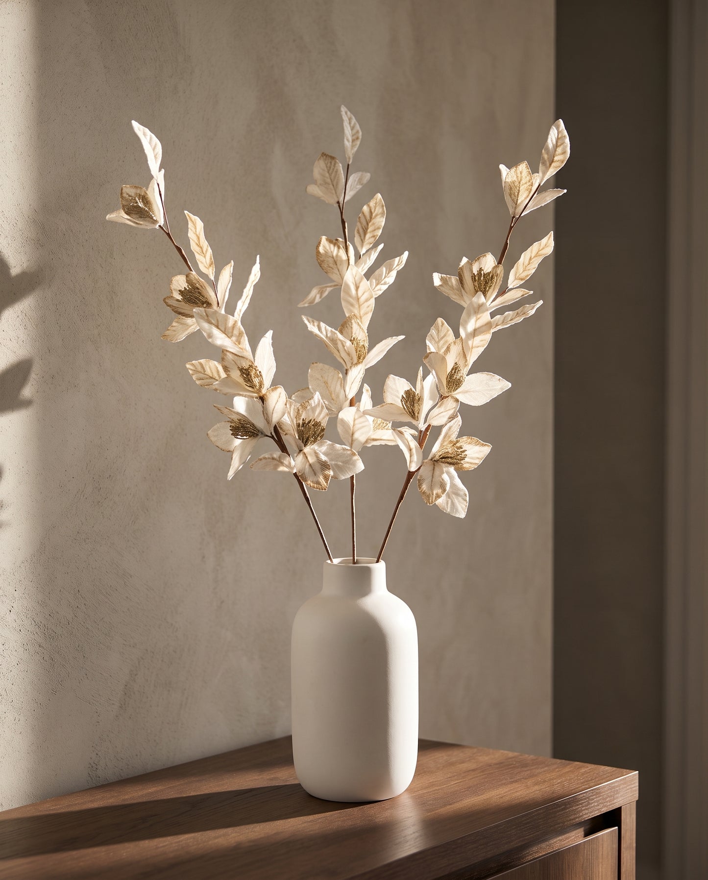 Velvet Leaf Stem ivory on dark timber console — Lumara Home