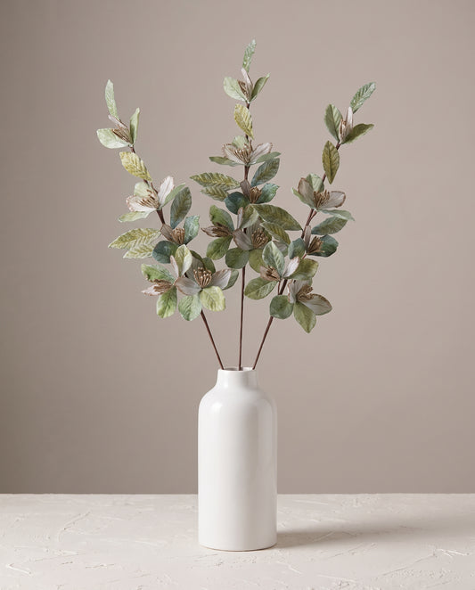 Velvet Leaf Stems in sage green styled in ceramic vase — Lumara Home