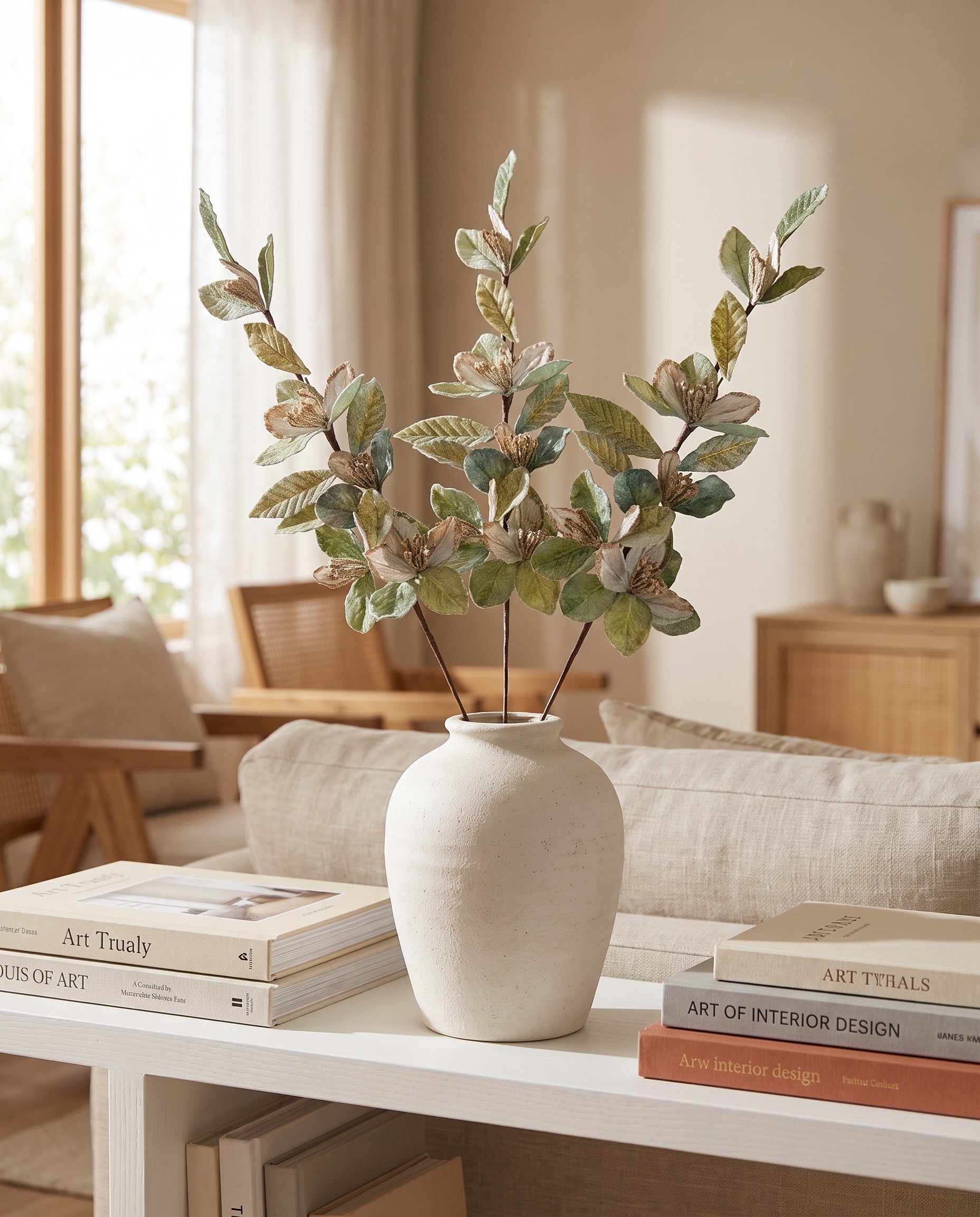 Velvet Leaf Stem sage green on shelf — Lumara Home