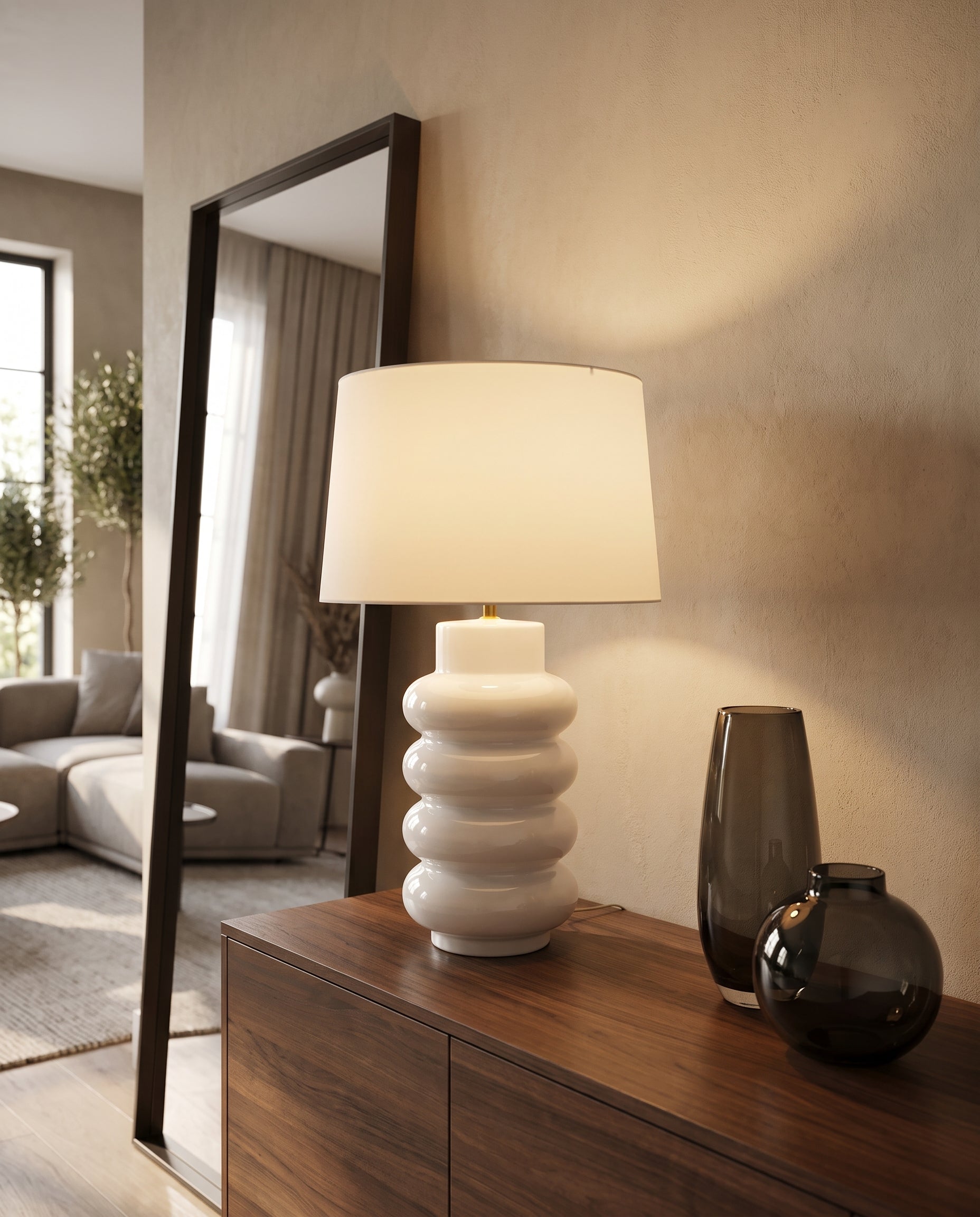 Lumara White Foam Table Lamp styled on a walnut console — Lumara Home